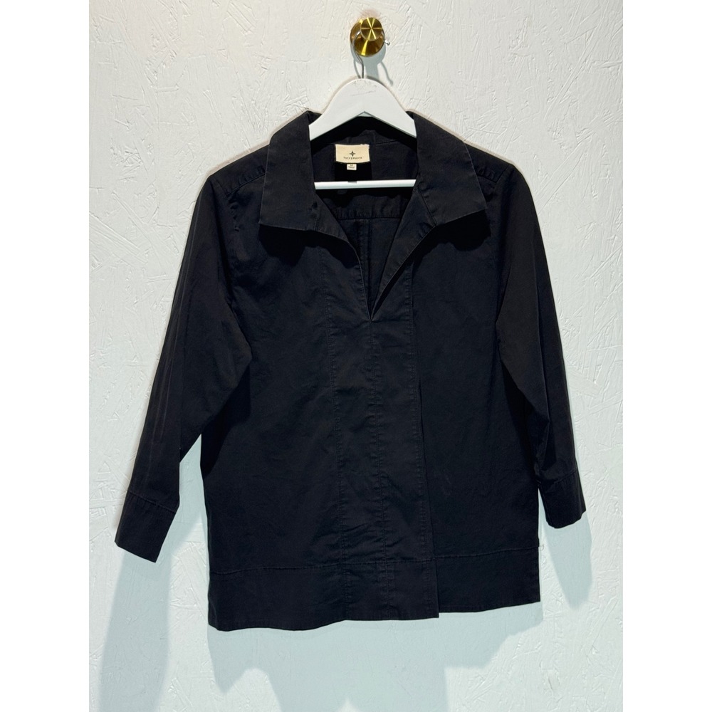 Tuckernuck Womens Black Split Neck Poplin Top 3/4 Sleeve Y24237 M